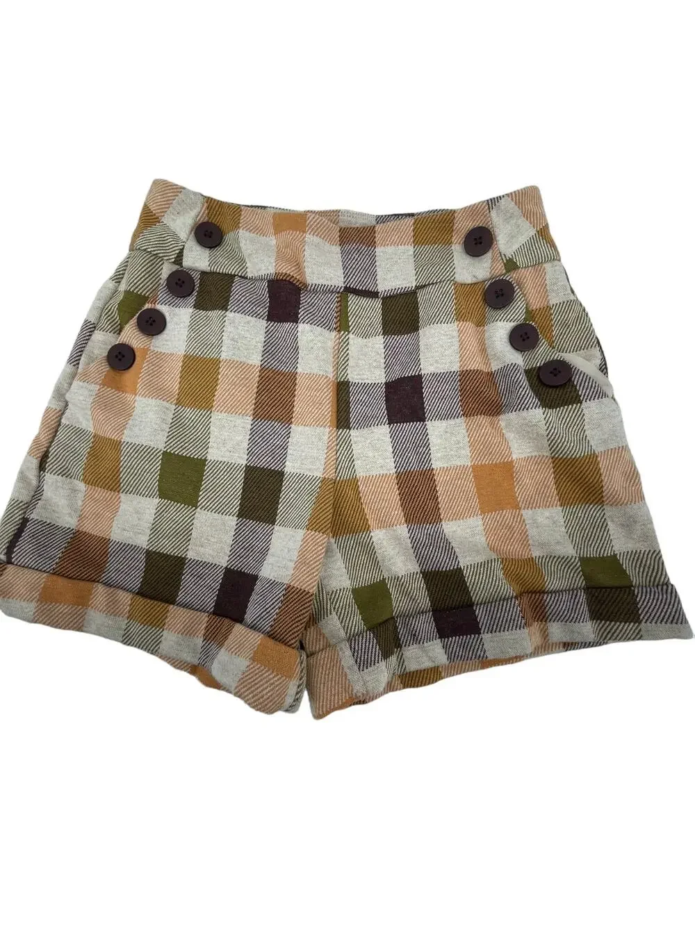 Cato Brown Fall Autumn Plaid Sailor Button High Rise Shorts Women's